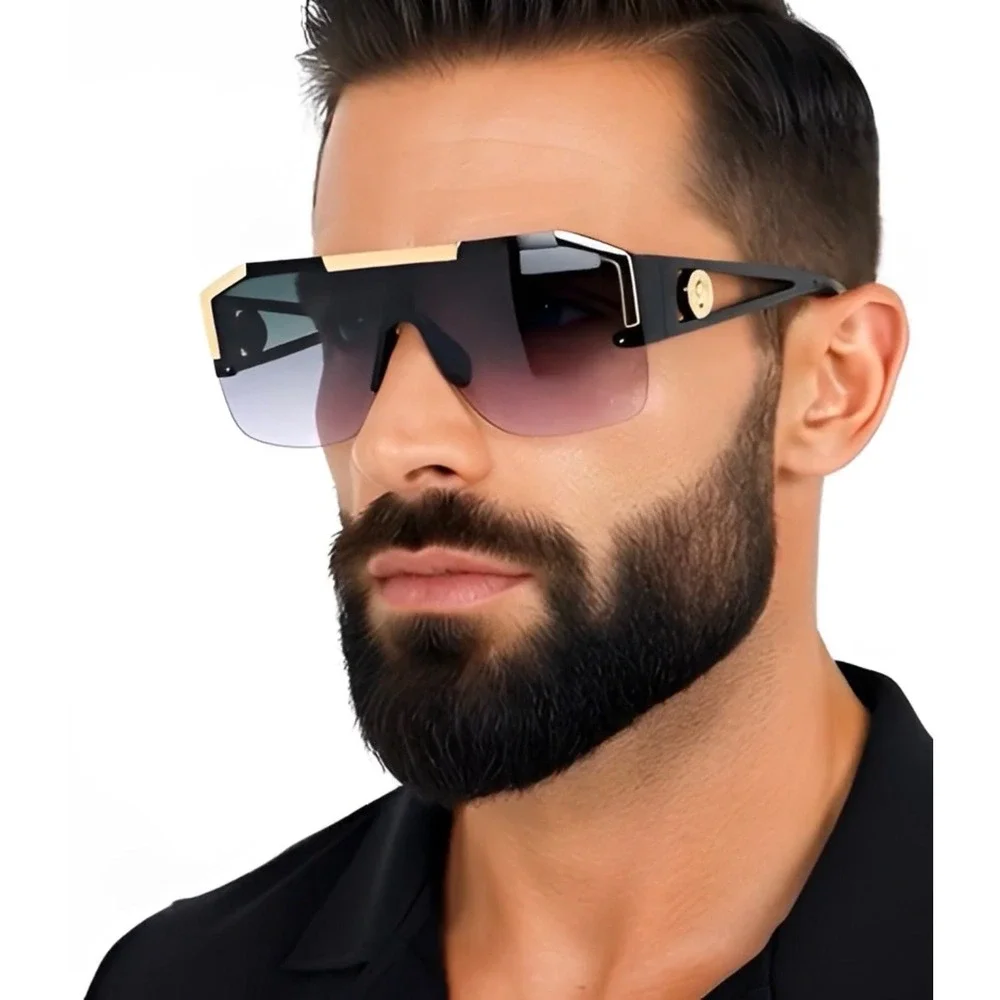Mens Oversized Shield Sunglasses Black Gold Flat Top Gradient Lens Bold Chic New